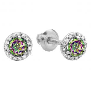 0.50 Carat (ctw) 14K White Gold Round Rainbow Topaz & White Diamond Ladies Halo Style Stud Earrings 1/2 CT